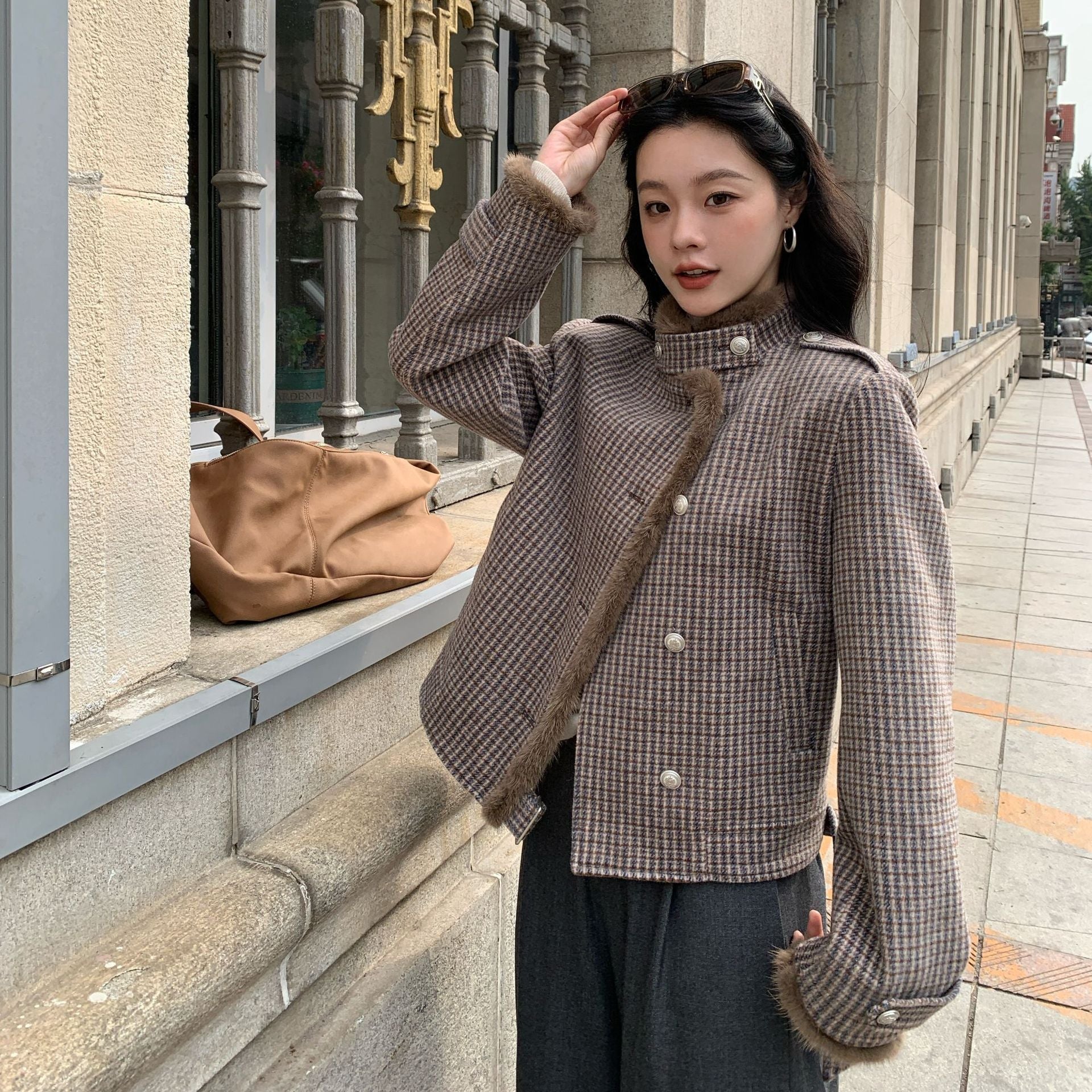 Vintage Plaid Asymmetrical Plush Women's Jacket