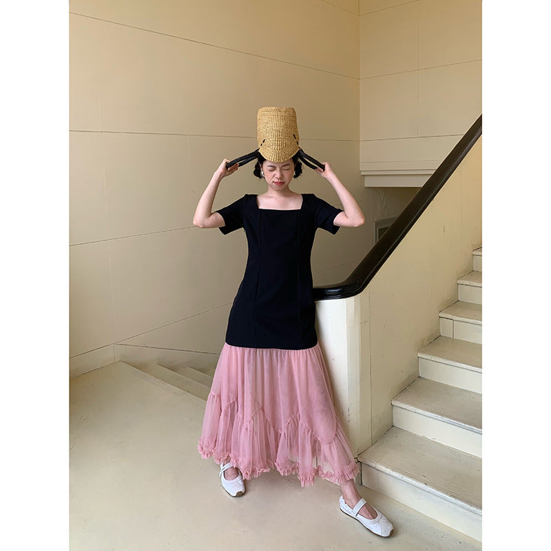 Hepburn mesh stitching short-sleeved square neck dress