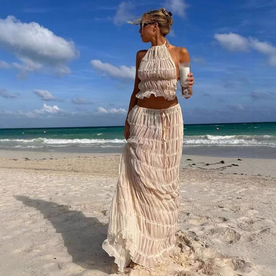 Fashion sexy backless holiday top skirt two-piece set