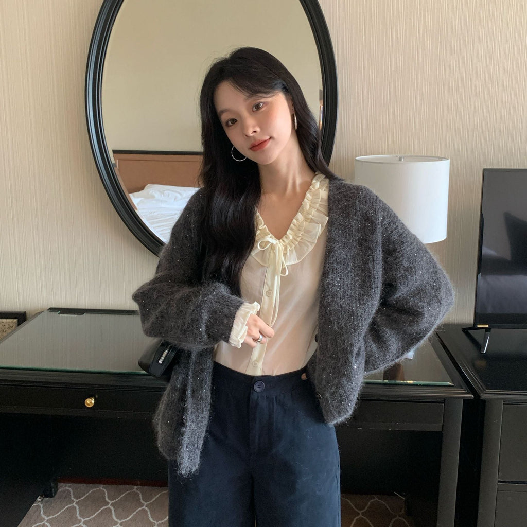 Fashion commuter lazy loose soft waxy v-neck sweater cardigan