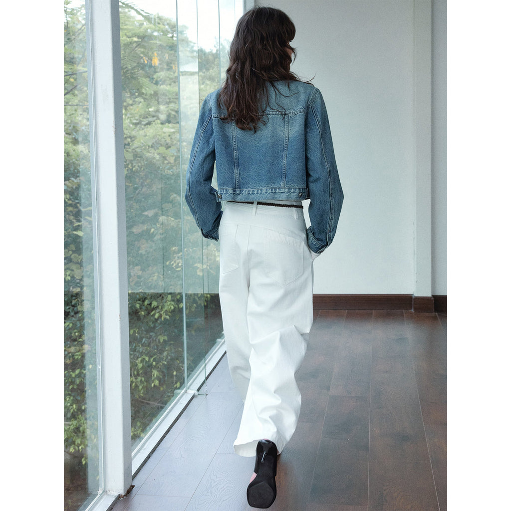 Autumn new retro nostalgia front shoulder truncated washed denim jacket