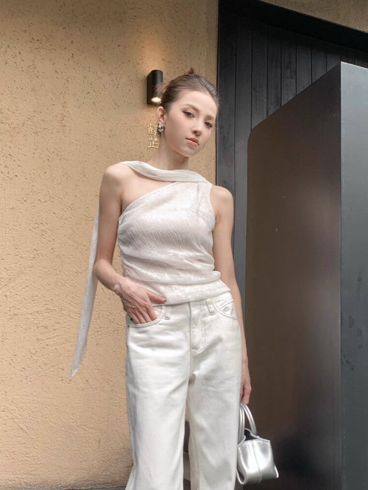 One-Shoulder Sleeveless Top Women Slim Fit Irregular Hem Vest