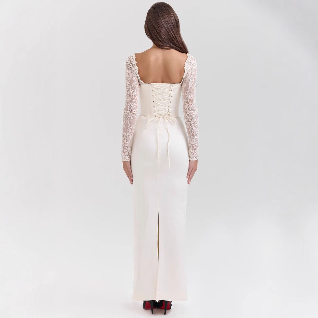 Long skirt with open back lace-up slit