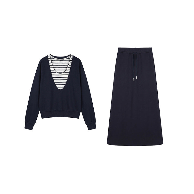 Fake two-piece sweater + drawstring elastic skirt