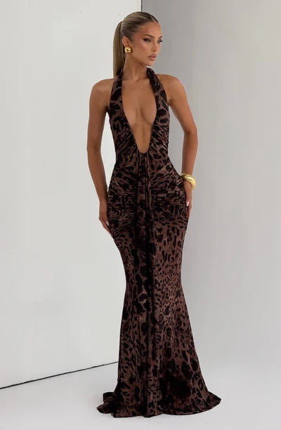 Sexy hip skirt streamer neck deep V-neck slim fit Spice Girl leopard print dress
