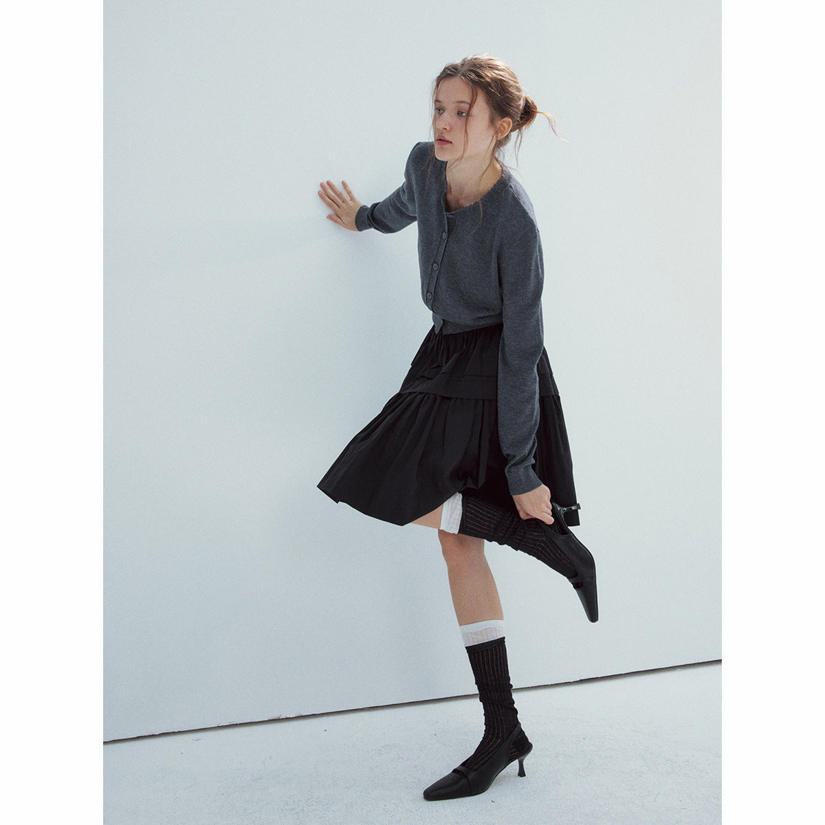 Spring new casual high-waisted drawstring lace cotton brocade solid color splicing short skirt