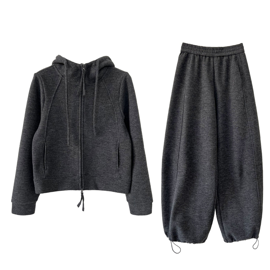 Wool fleece hooded double zipper sweater adjustable corset trousers temperament casual sports suit