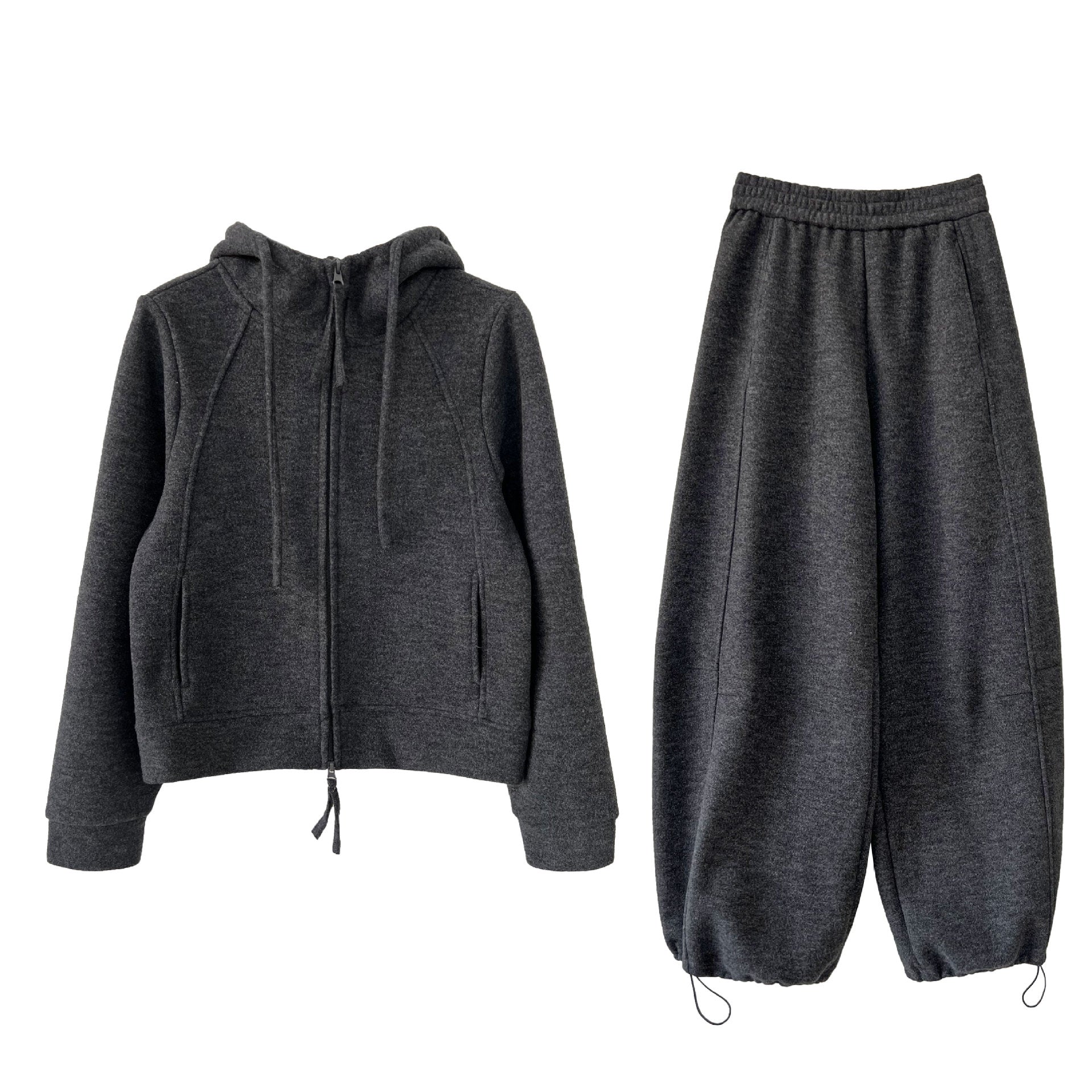 Wool fleece hooded double zipper sweater adjustable corset trousers temperament casual sports suit