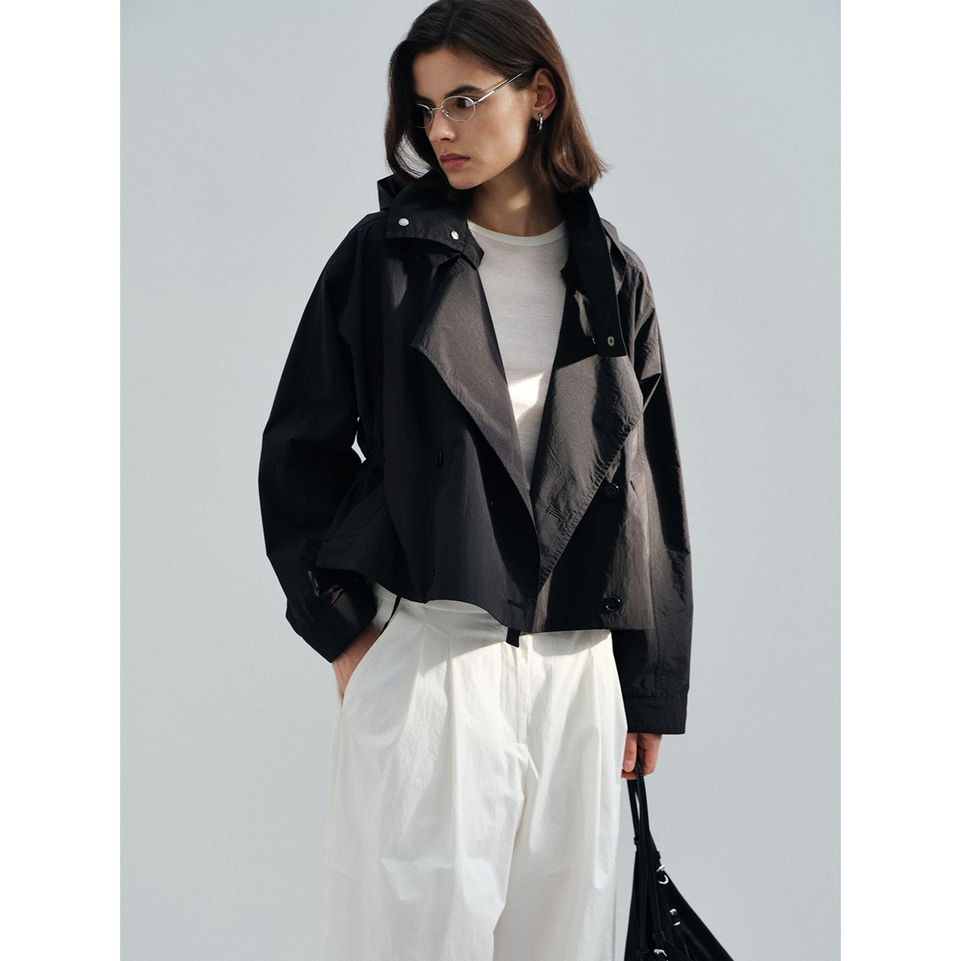 Spring new design double-breasted removable cap anti-wrinkle non-ironing stand-up collar short trench coat
