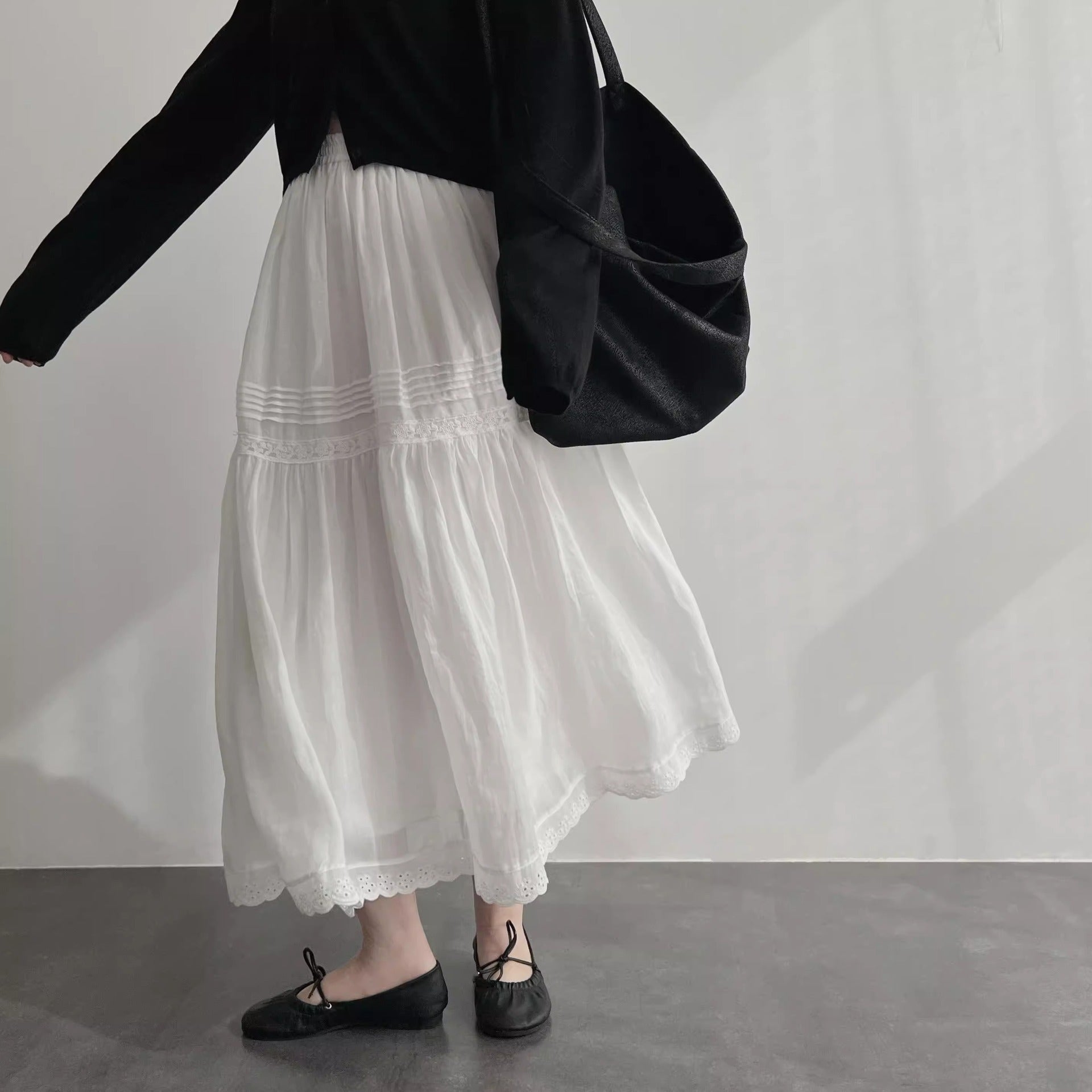 Natural wash ramie high waist medium and long thin A-shaped skirt