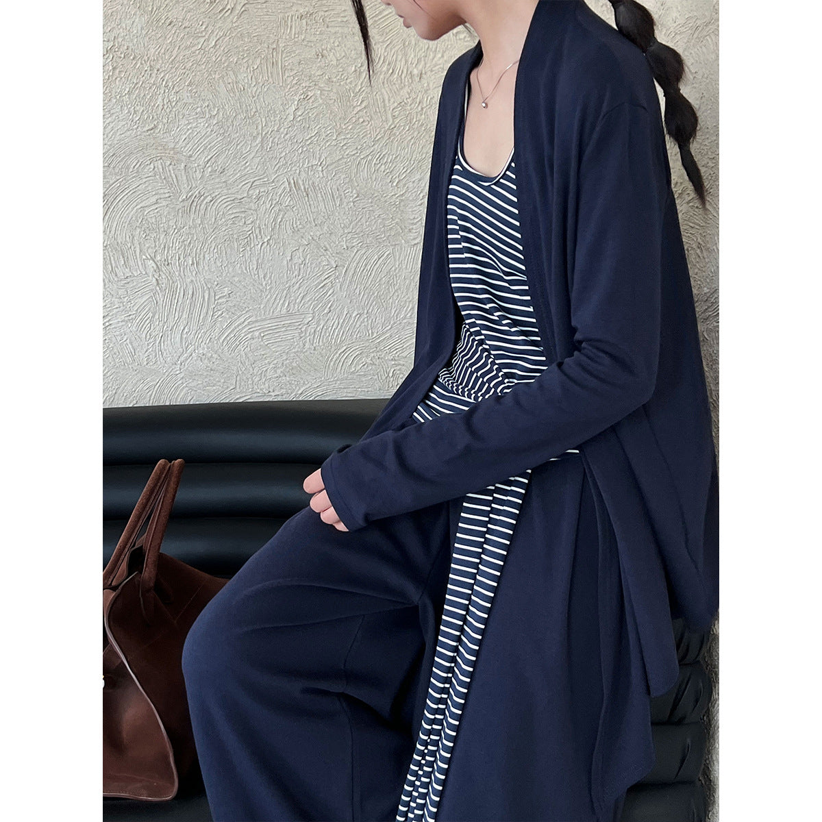 Striped neck vest + shawl cardigan + drape wide-leg pants women's 25 autumn new three-piece set