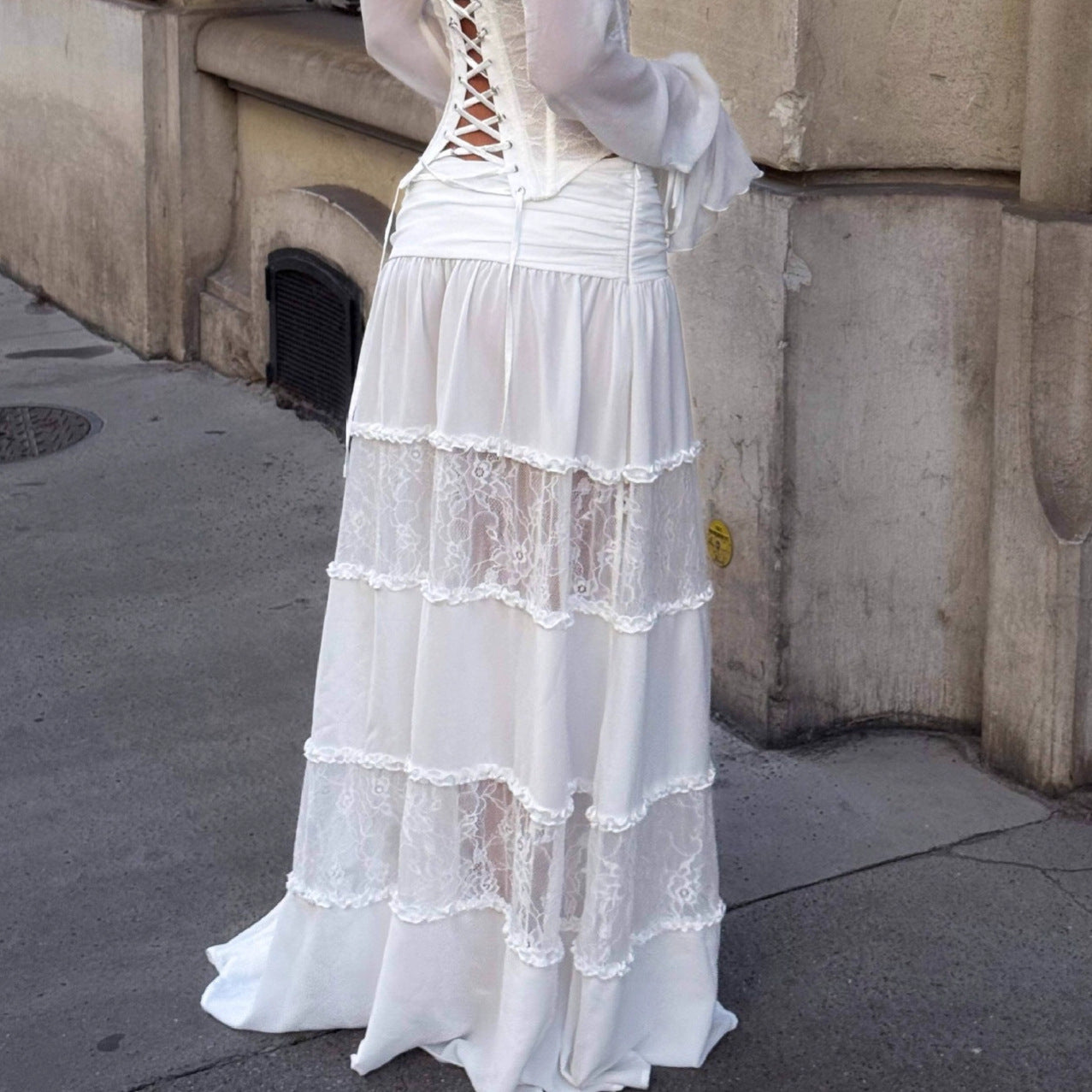 New white lace skirt women's high waist and thin mopping gauze splicing cake dress