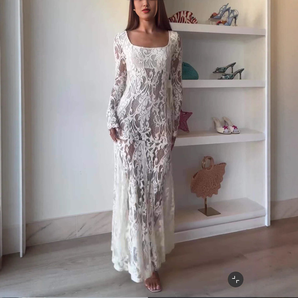 Fashion French sexy pure desire style lace dress hollow slim-fitting long-sleeved dress