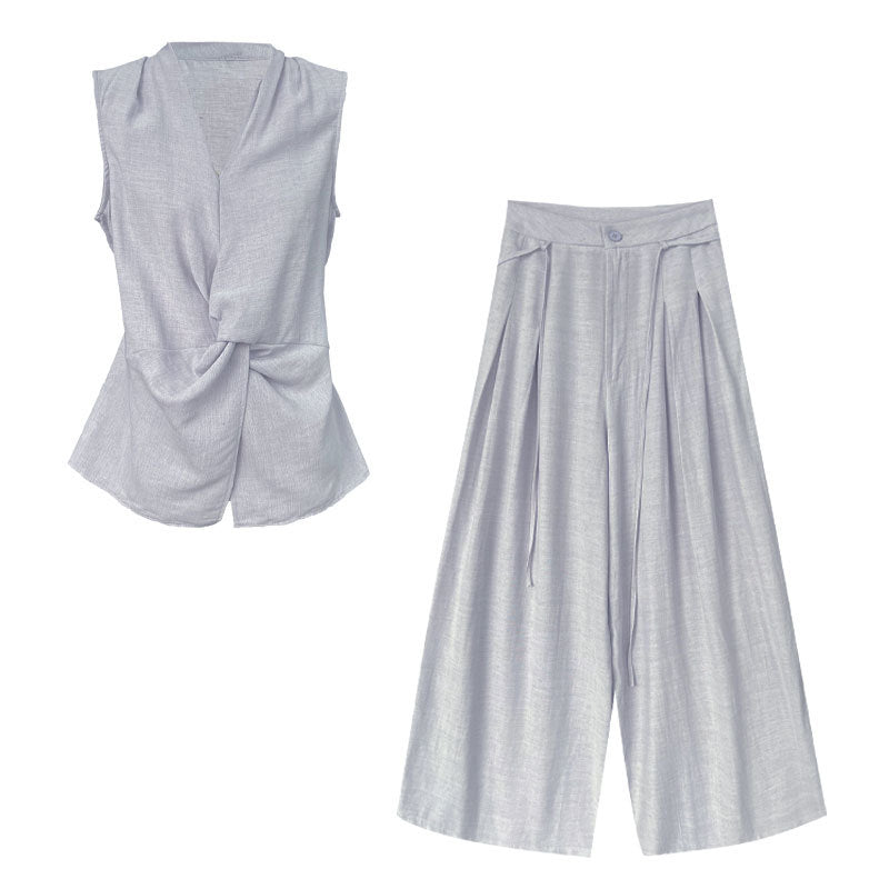 Design sense V-neck kink sleeveless vest + wide-leg pants women's summer new slim-fit linen suit