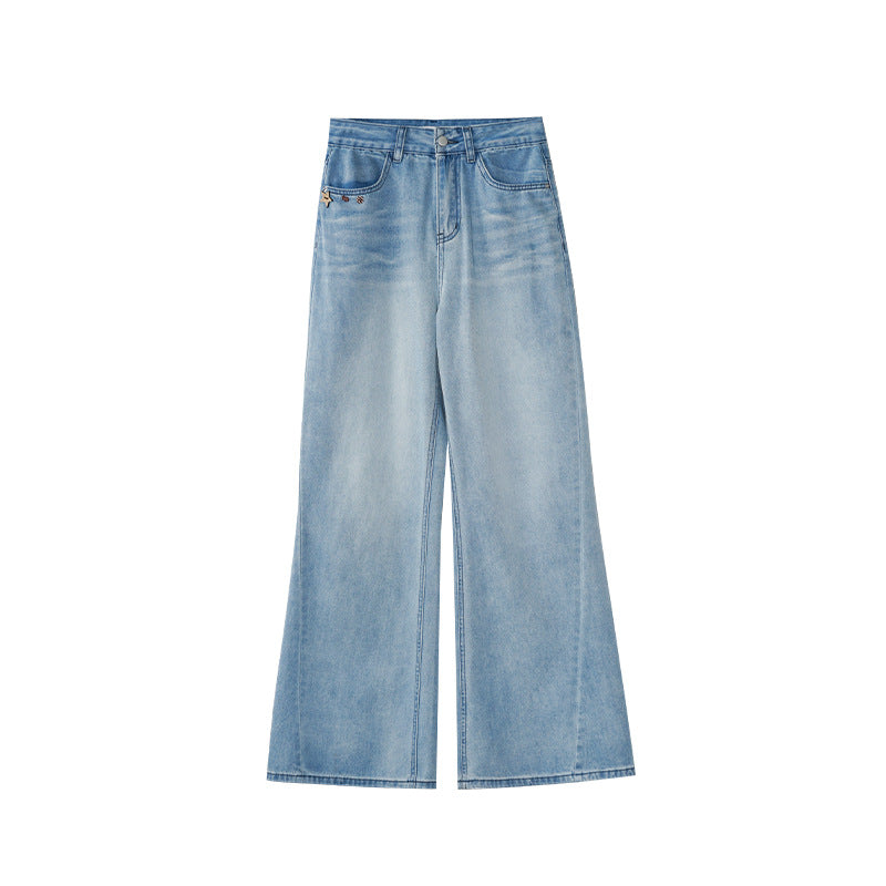High waist polyester cotton slightly washed light blue jeans