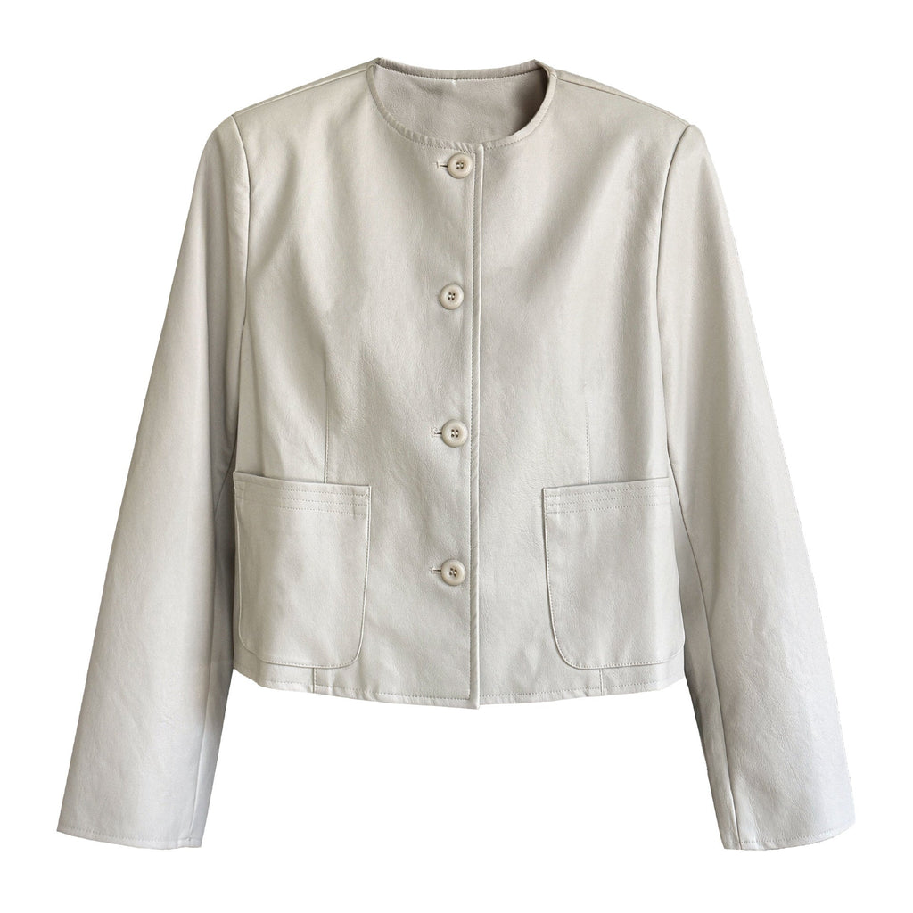 Crew neck Korean single-breasted short leather jacket for women