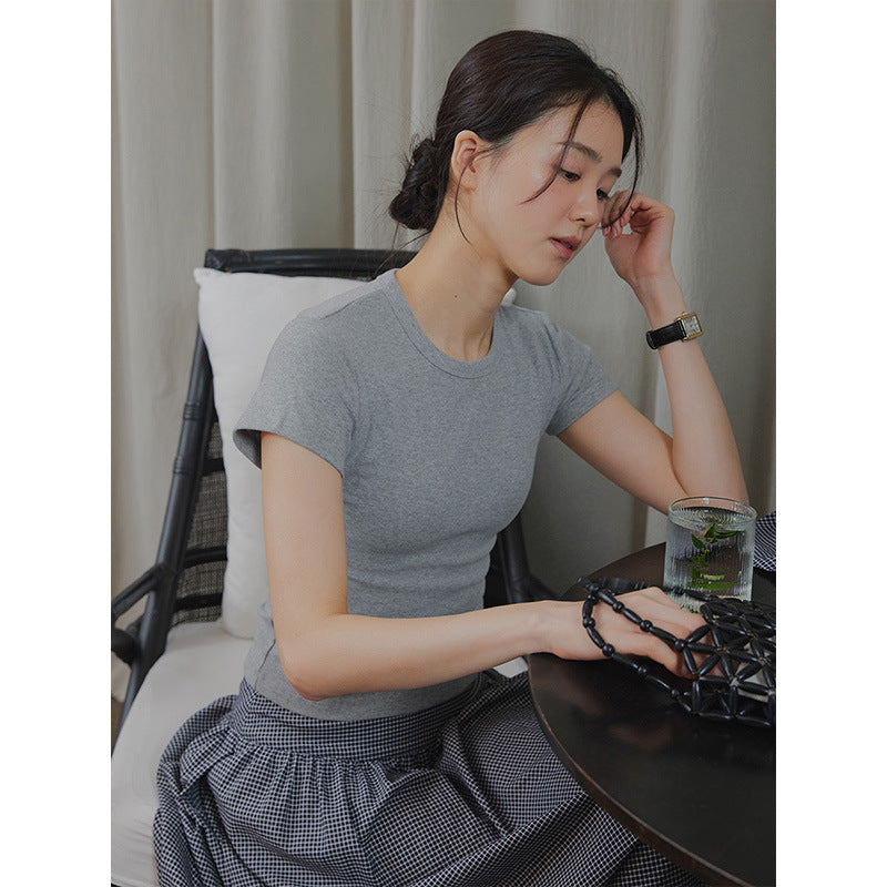 Optional stretch front shoulder slim skin-friendly short-sleeved T-shirt