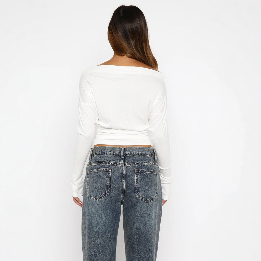 Long Sleeve Shirt Waist T-Shirt Spice Girl Sexy Slim Pullover Shoulder Top