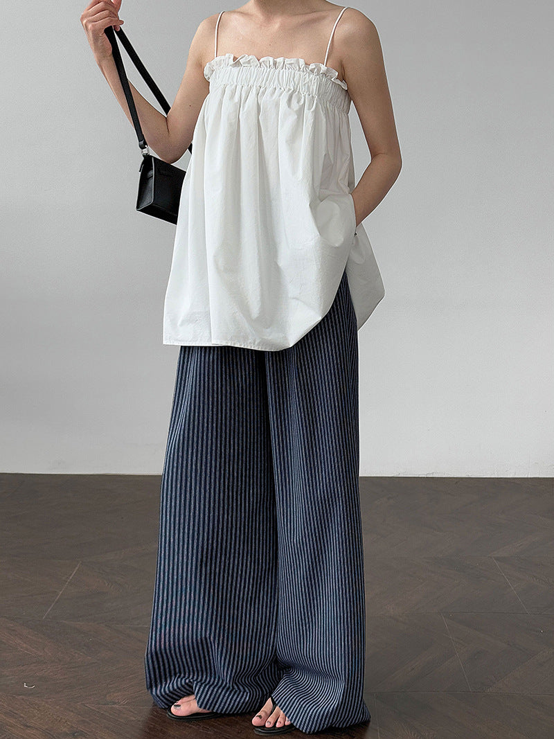 Korean vertical striped thin wide-leg pants women's summer new cotton lazy versatile mopping straight-leg pants