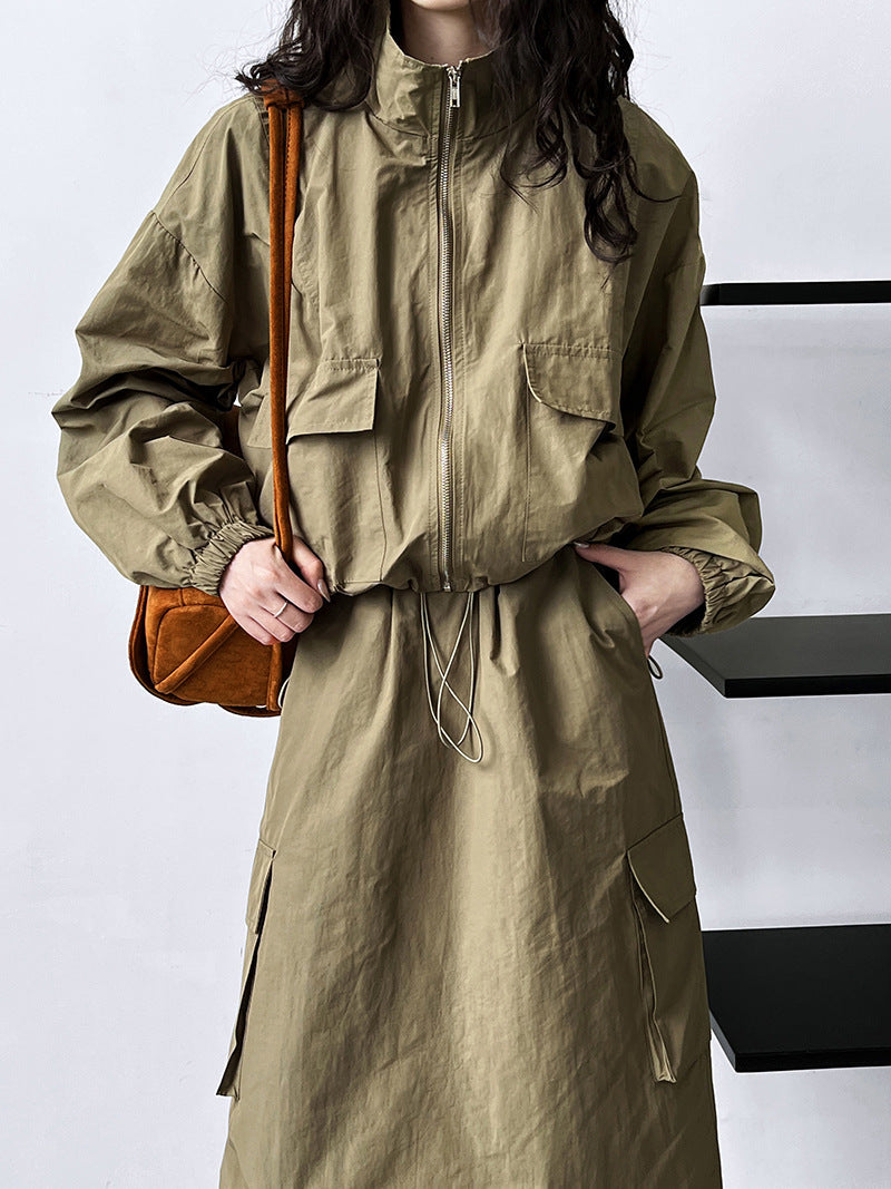 American short jacket + drawstring skirt two-piece outdoor sports tooling suit women