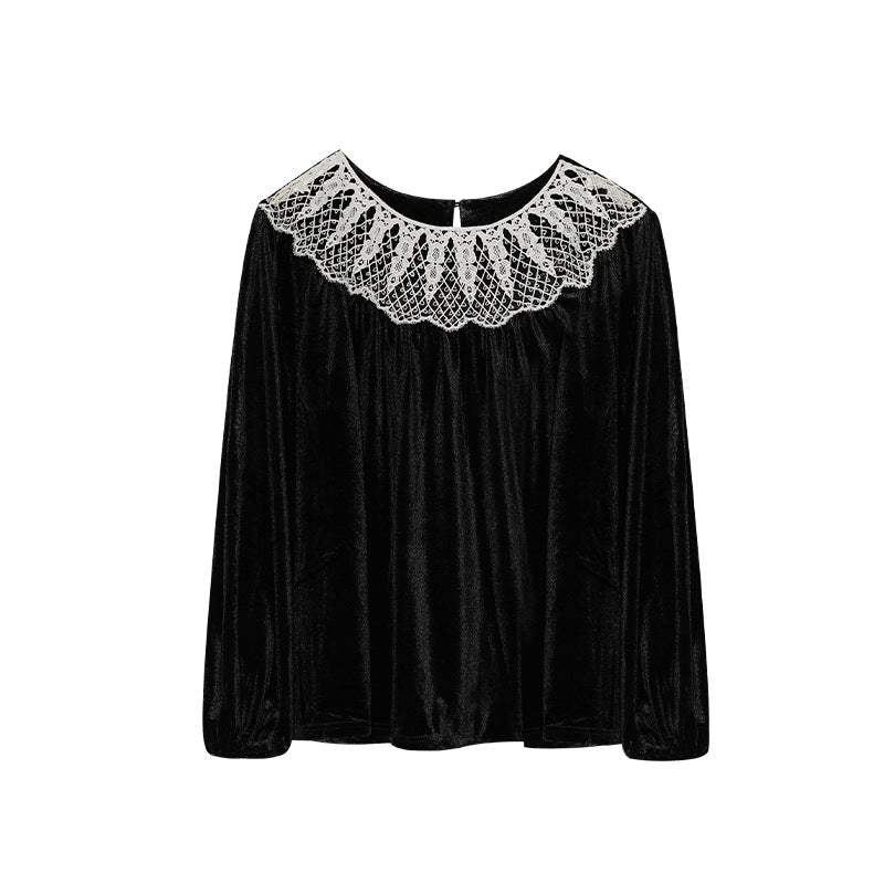 Velvet Shirt Lace Hollow Crew Neck Long Sleeve Sweater