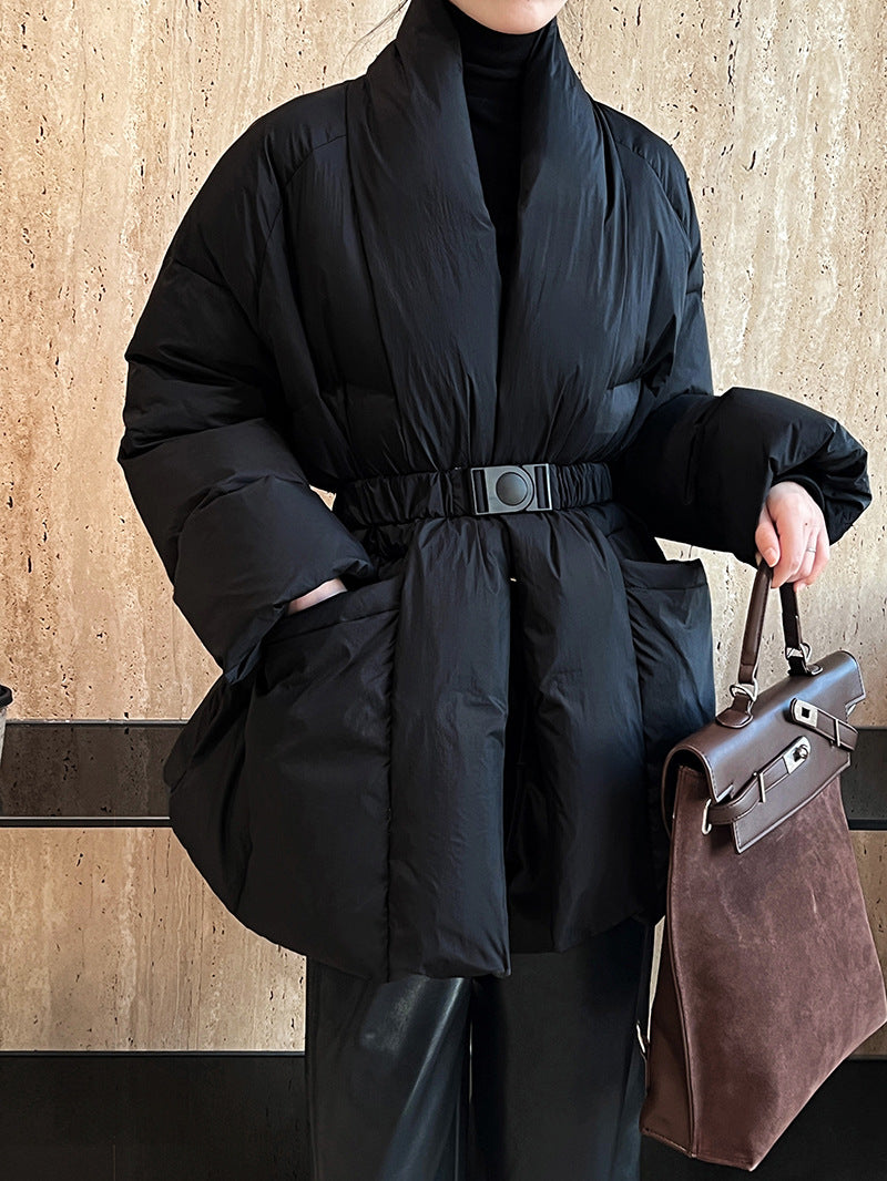 V neck waist down jacket for women lazy 90 white duck down tie back new chinoiserieoutwear