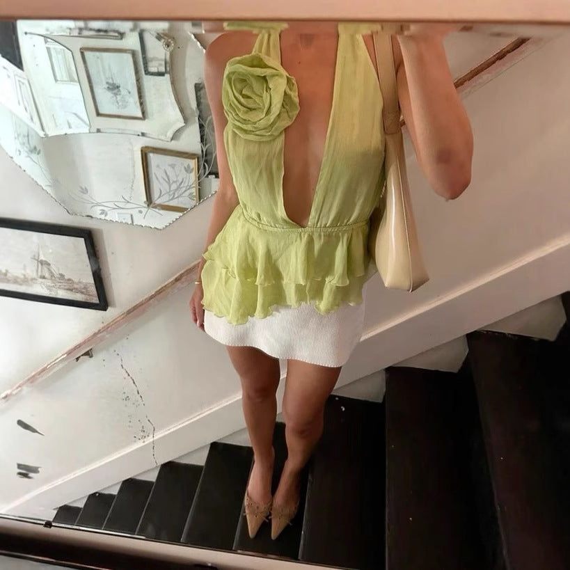 Women's Fashion Deep V Sexy Halter Flush Chiffon Top Spice Girl Suspender Cardigan T-Shirt Tank Top