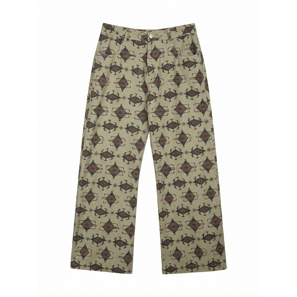 Twill print wide-leg slacks