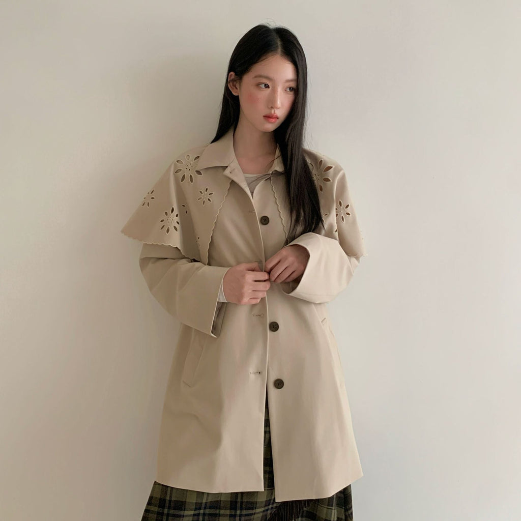 Hollow shawl lapel medium and long trench coat