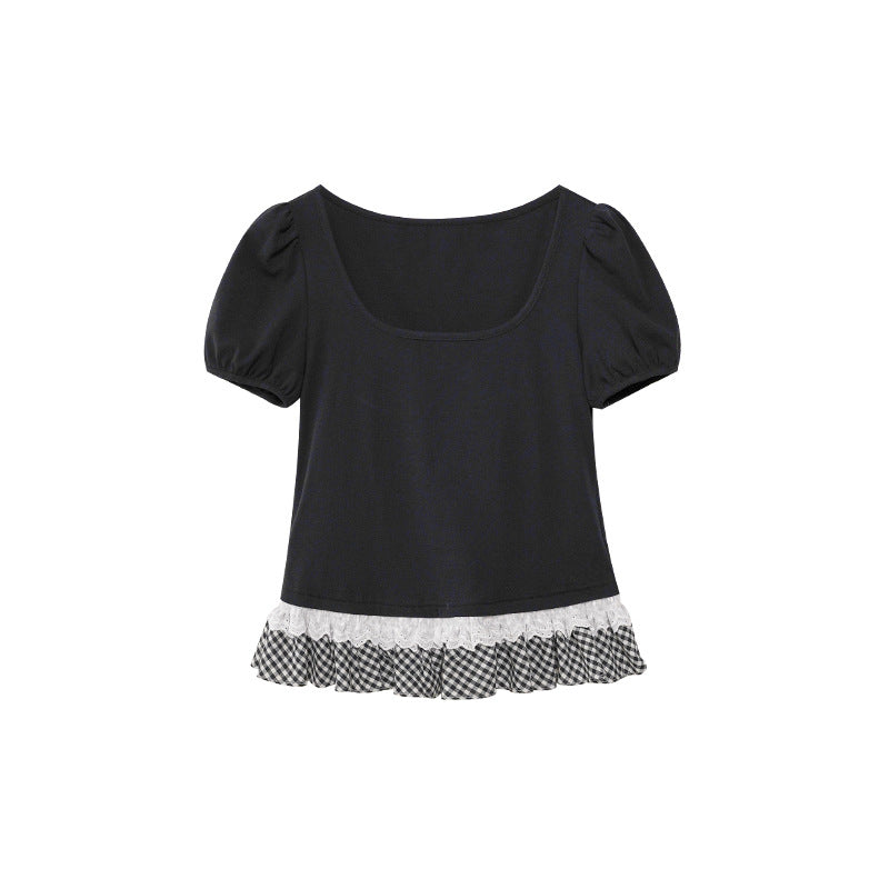 Sweet age-reducing lace trim square neck short-sleeved T-shirt
