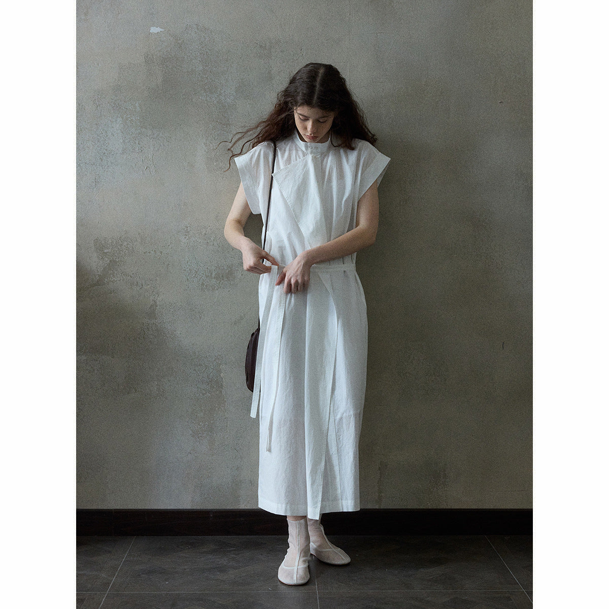 Combed cotton flakes flying sleeves dress spring and summer new lace-up simple temperament commuting