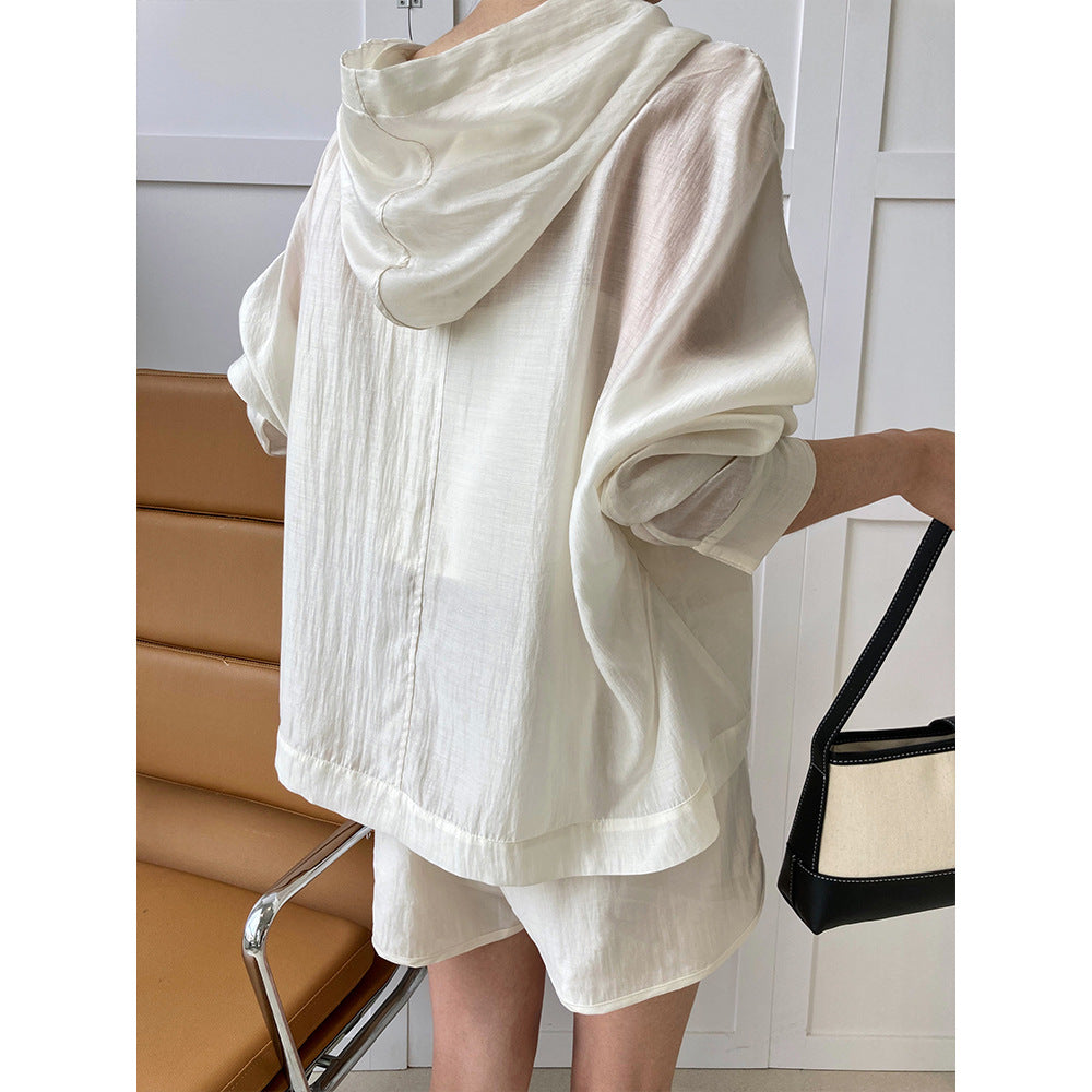 Hooded tencel sun protection set - women's lightweight summer outdoor sports & casual two-piece outfit (hoodie & shorts)