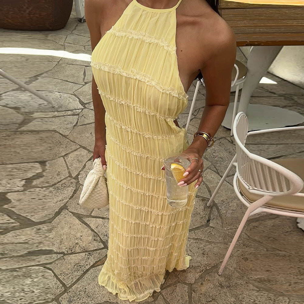 Sexy pleated lace floor-length resort style dress