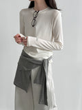 Soft waxy 28% Tencel wool loose high elastic long-sleeved bottoming shirt women's early spring simple inner T-shirt