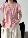 Korean V-neck lace flying sleeves short sleeves women's summer new thin short simple cardigan top