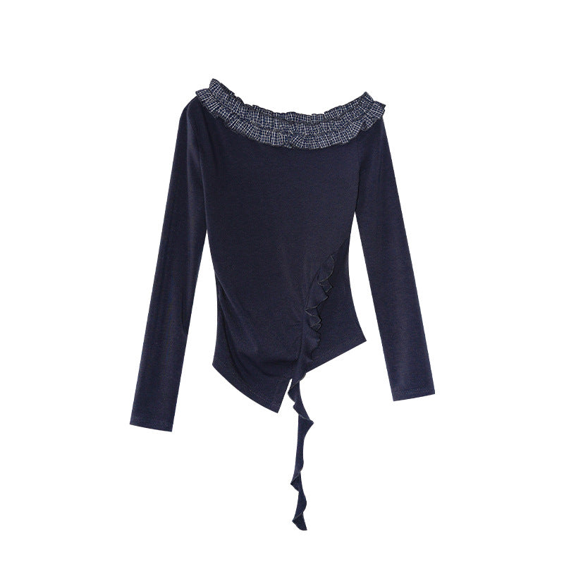 Women's Slash Shoulder Fungus Edge Long Sleeve Cotton Shirt