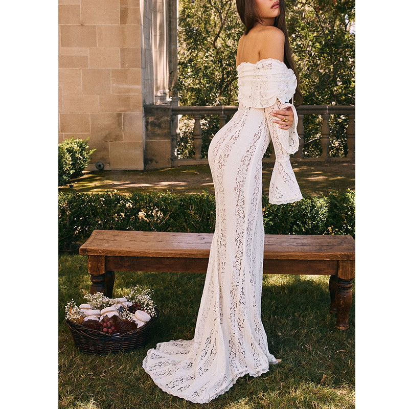 New sexy one-word shoulder lace dress temperament tube top long dress slim fishtail dress