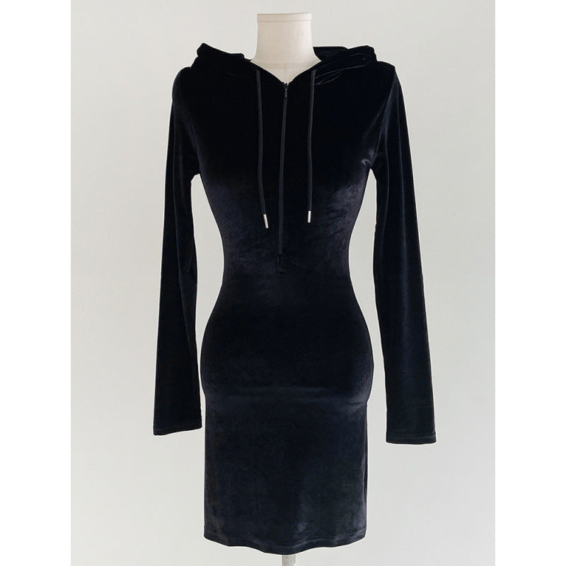 Autumn and winter temperament fashion velvet slim slim hip skirt hooded short skirt