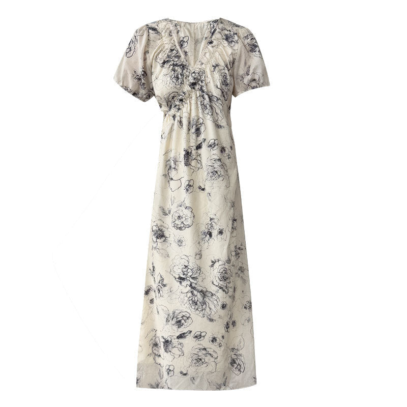 French classic ink painting floral one-piece dress, summer new high-end coffee break dress