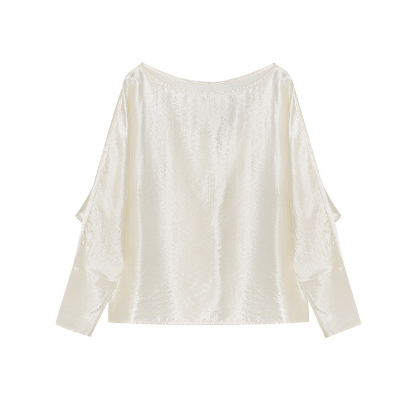 Early spring French celebrity temperament light luxury Tencel satin slanted shoulder shirt