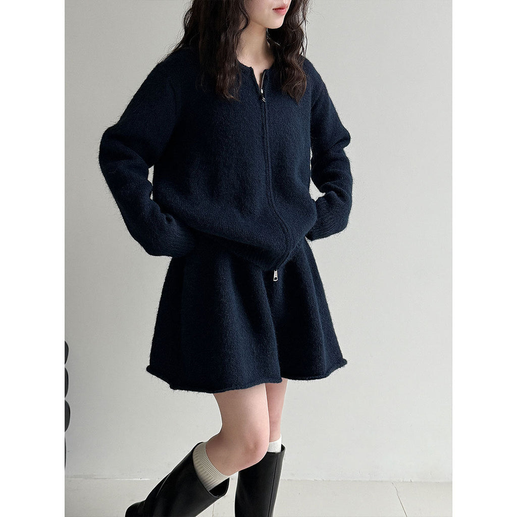 Korean soft waxy casual knitted sweater set for women's winter new curled A-word short skirt two-piece set