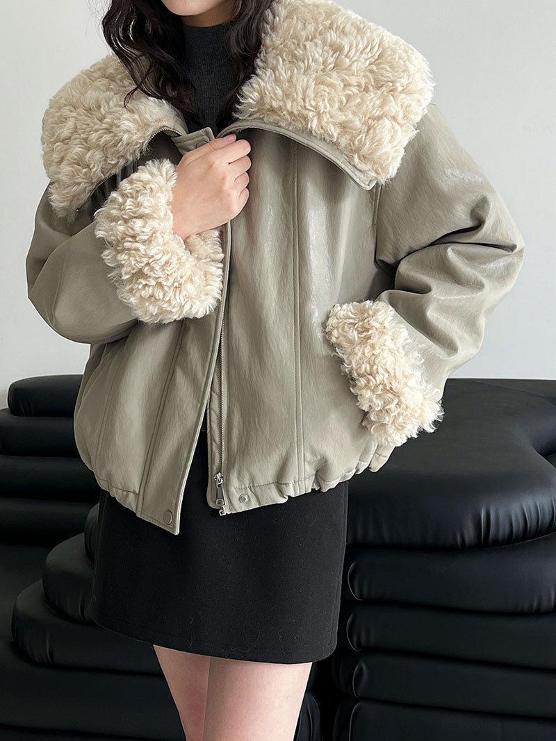 Large lapel lamb wool short thickened leather jacket women's winter three-star 90 white duck down parker down jacket