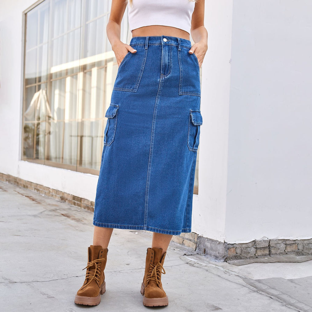Cargo Denim Midi Skirt