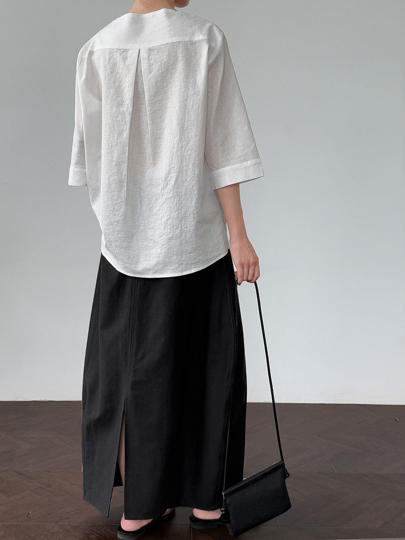 Simple and high-end one-word collar seven-quarter sleeve T-shirt women's summer new casual cotton and linen top shirt