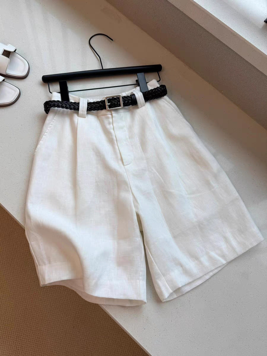 White linen high-waisted wide-leg shorts