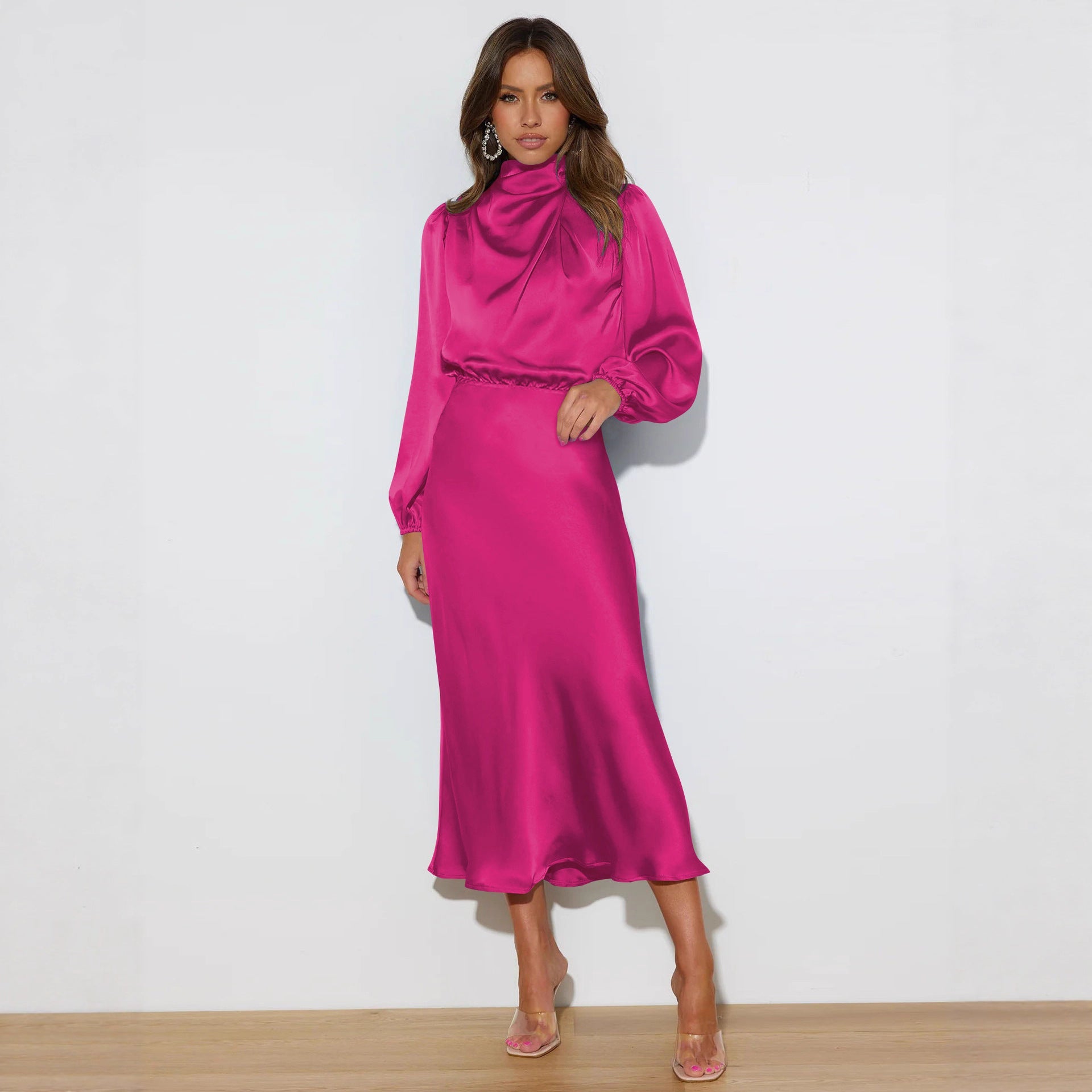 Autumn new high-end satin long-sleeved loose dress temperament elegant evening dress