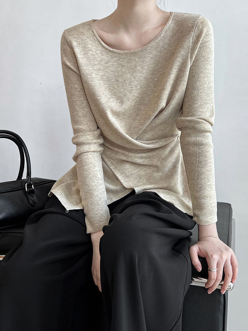 Korean wear early autumn top irregular hem cross waist bottoming knitted sweater women's sweater