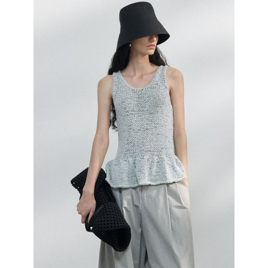 Spring nylon cotton lotus leaf edge narrow U neck texture sling vest