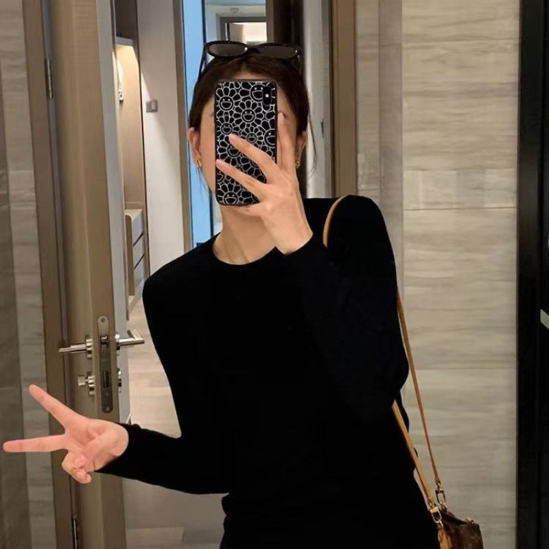 Wool Knitted Sweater Women Round Neck Long Sleeve Slim Fit Top