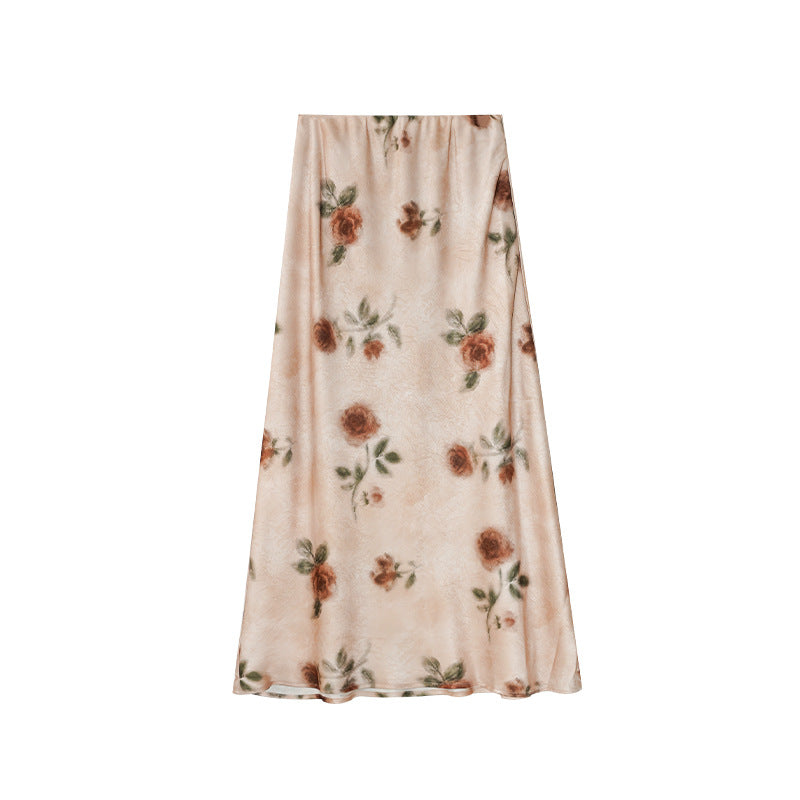 Rich and elegant hip-wrapped temperament printed satin skirt for women